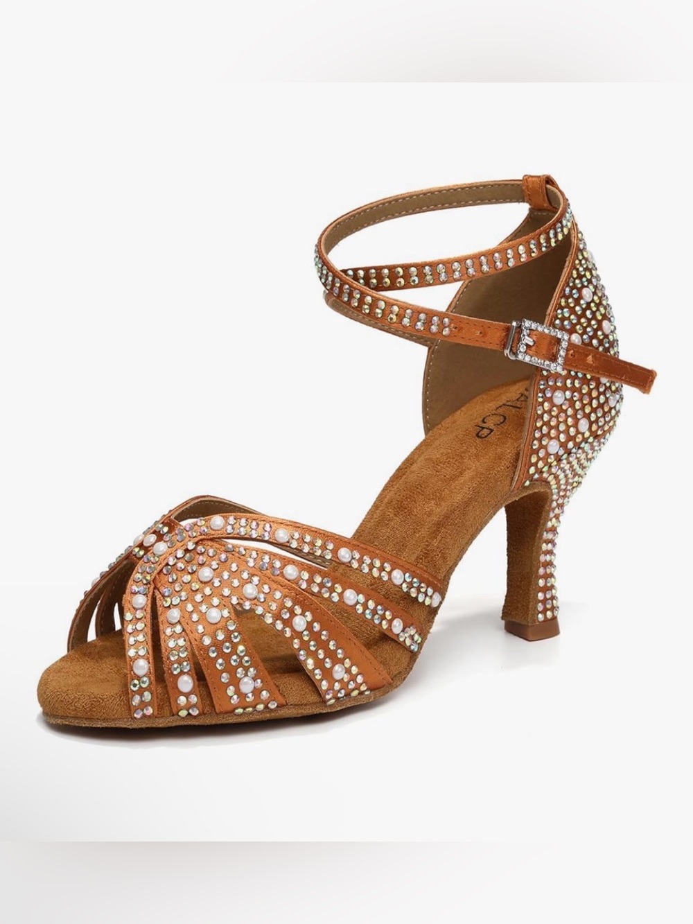 Pearl rhinestone ballroom heels tan strap NIB